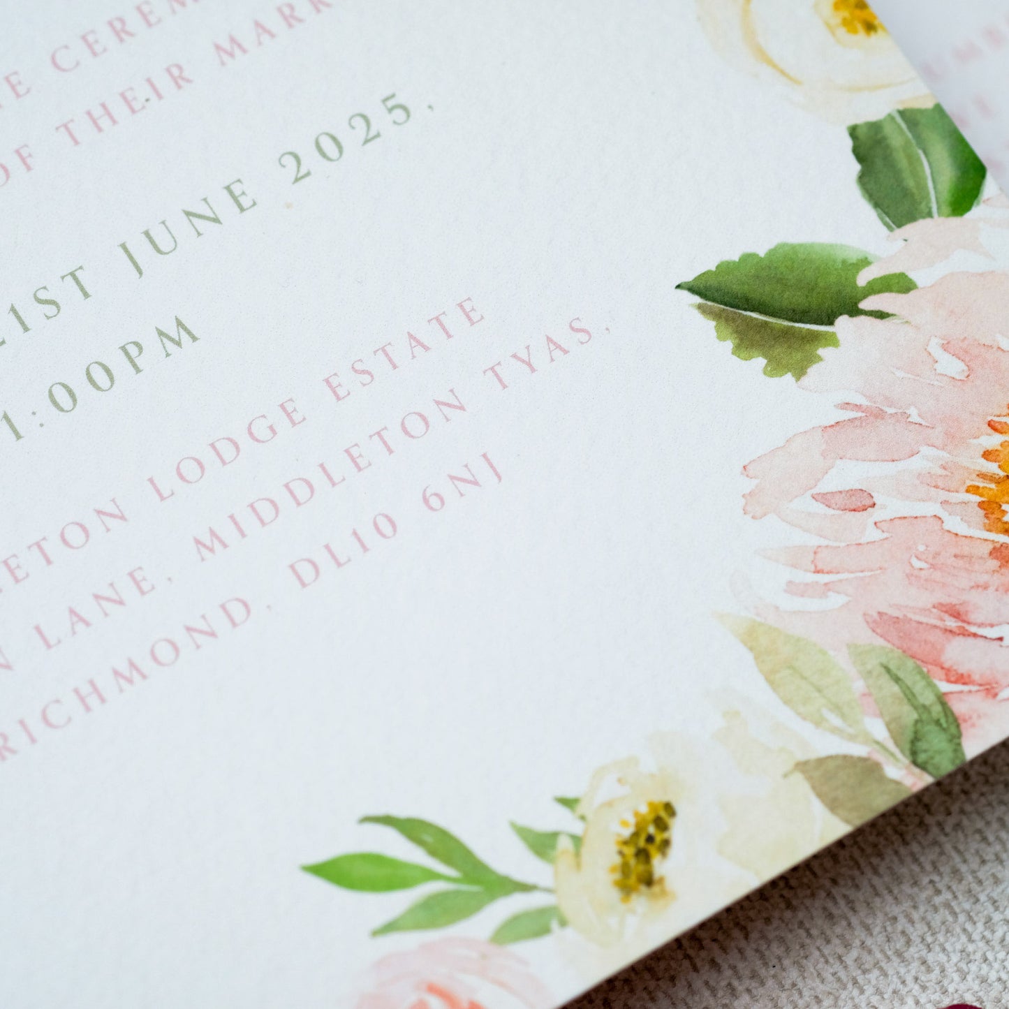 Floral wedding invitation with painterly-style blush peony