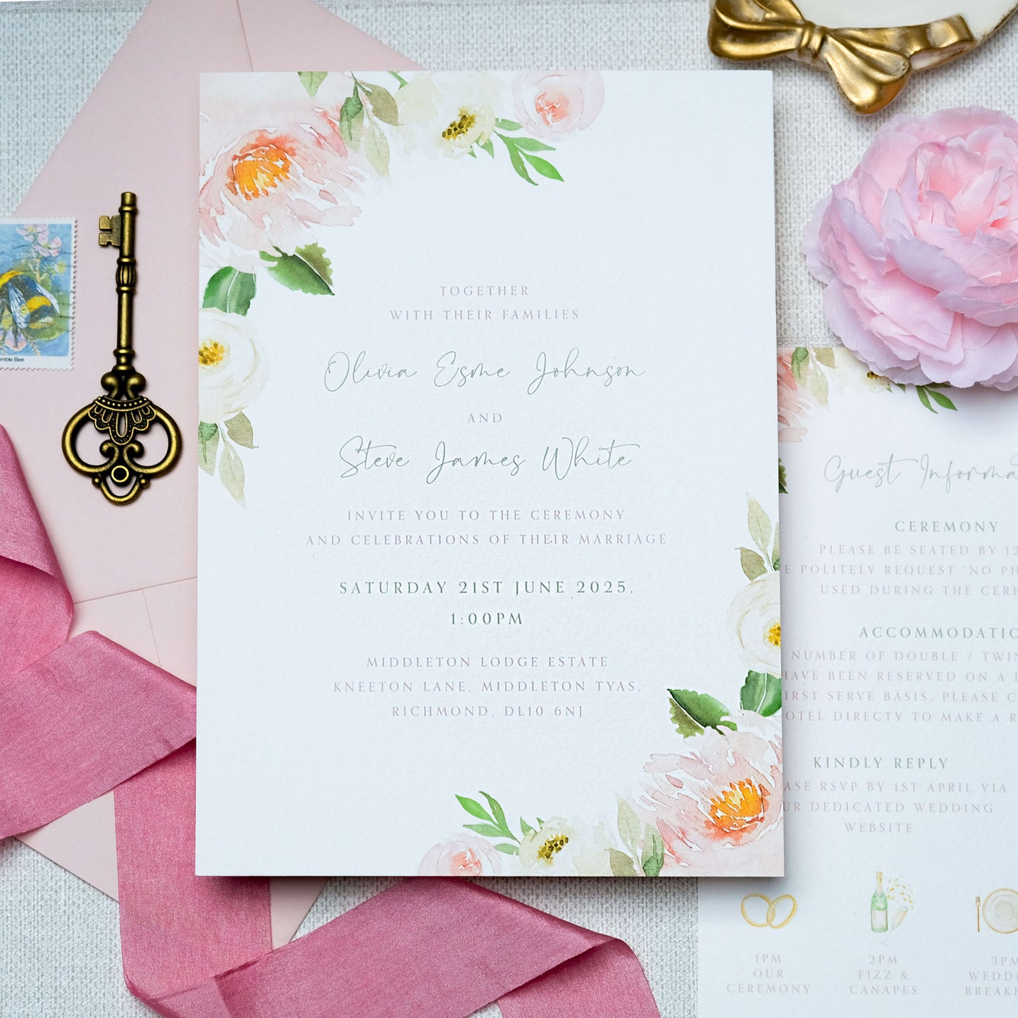 floral wedding invitation with pink blush watercolour peonies in painterly style