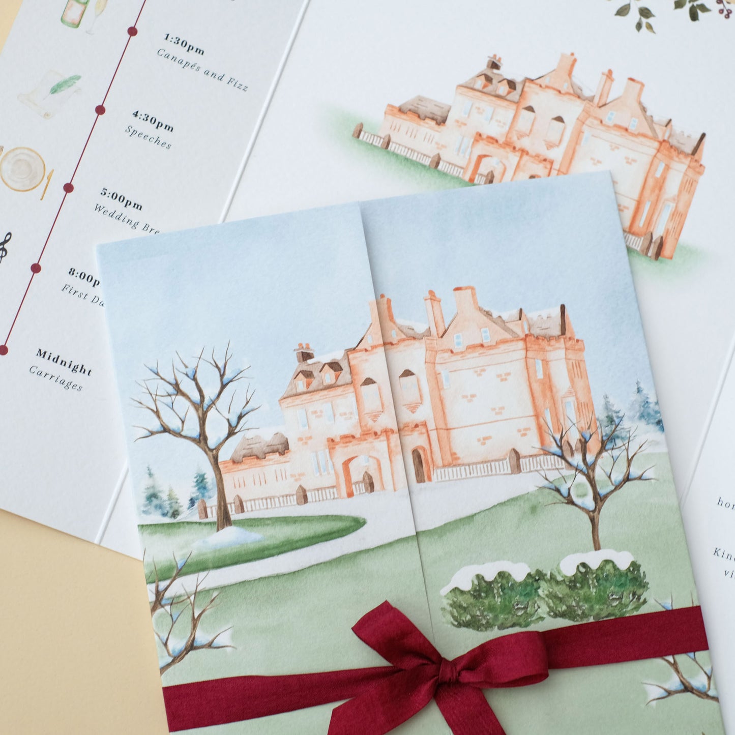 Gatefold wedding invitation with illustration of Sorn Castle in the snow