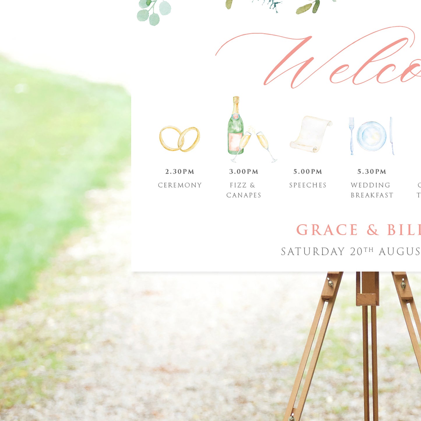 Watercolour Roses And Eucalyptus Order Of The Day Sign