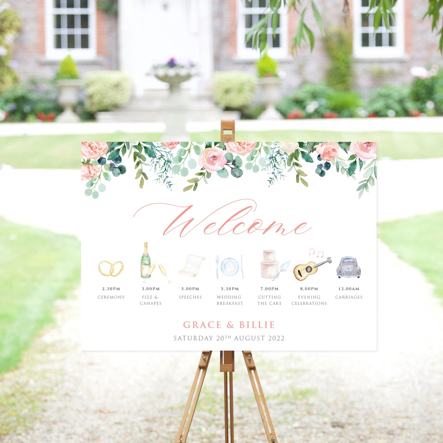 Watercolour Roses And Eucalyptus Order Of The Day Sign