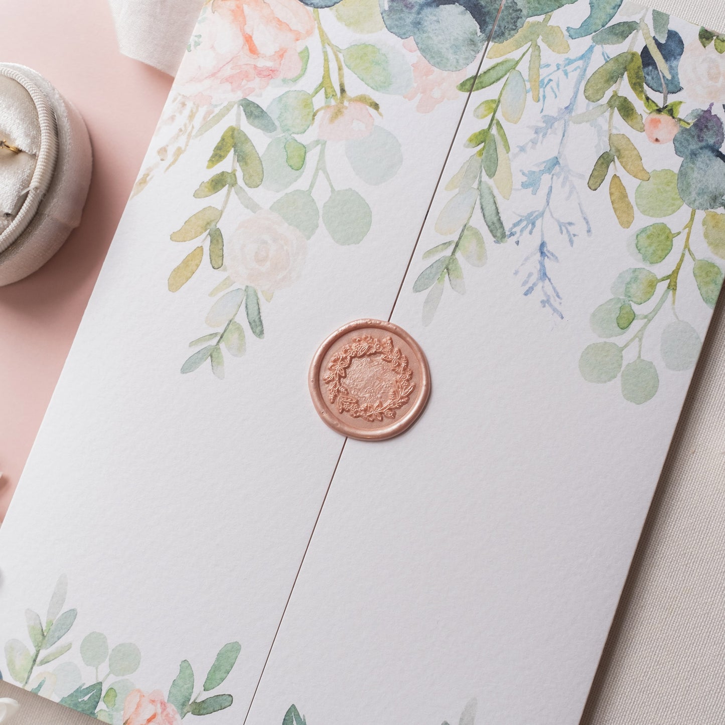 Rose and Eucalyptus folded wedding invitation