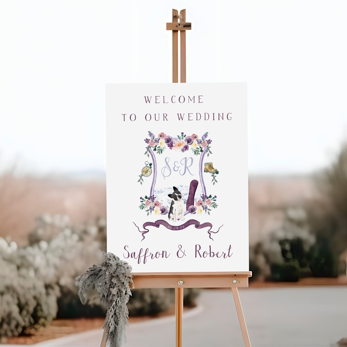 Wedding welcome sign with custom crest