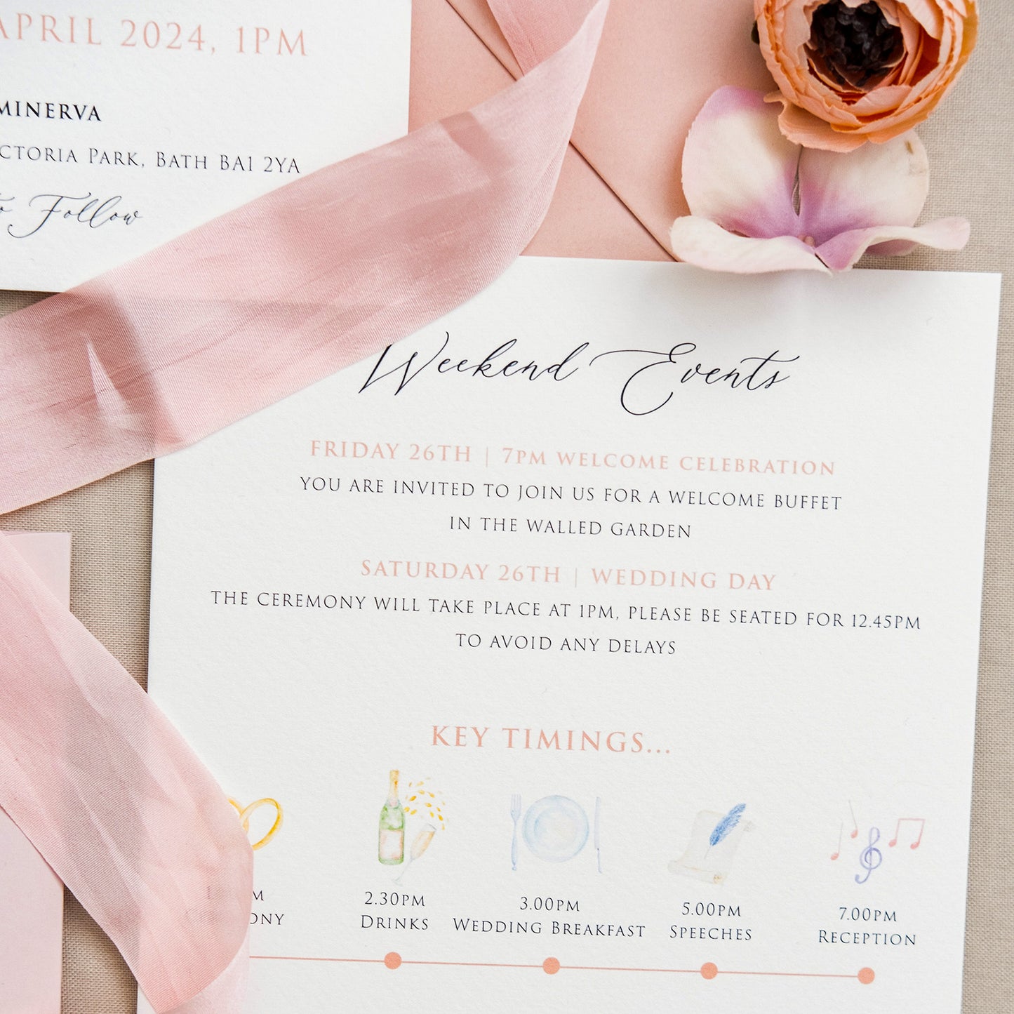 Semi custom wedding invitations with illustrations and wildflowers