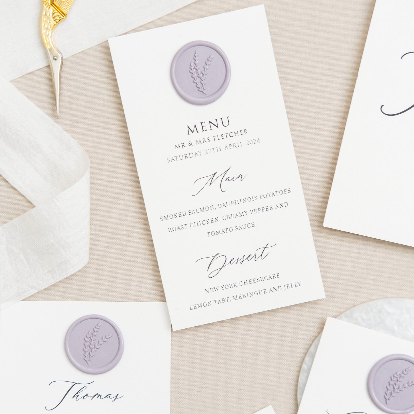 Wedding Menus with Wax Seals | Lilac