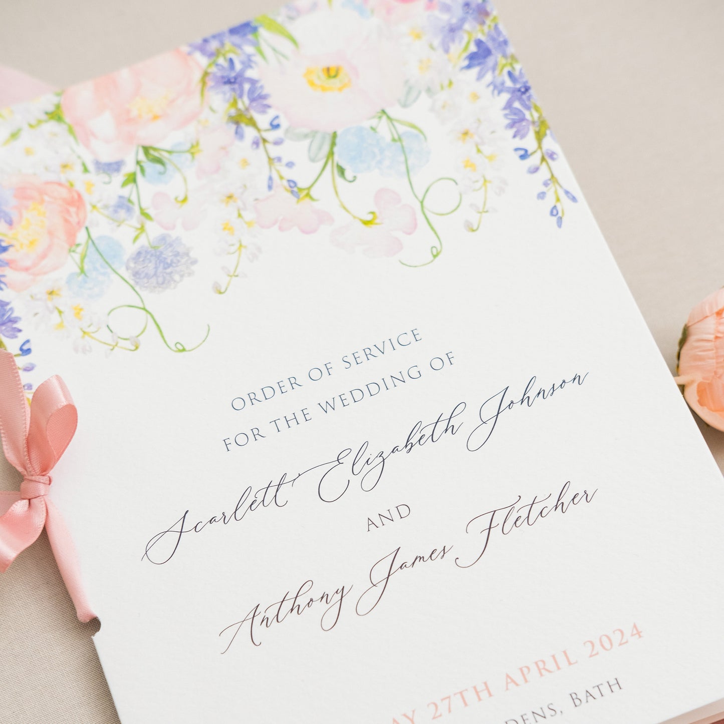 Floral Order Of Service Booklet With Ribbon On Spine