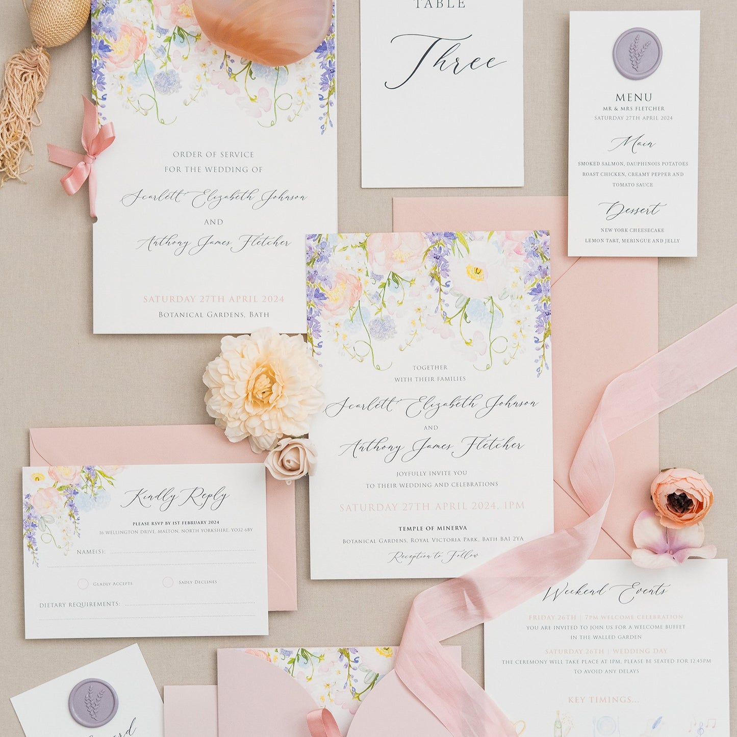 Illustrated wedding invitations with wisteria and wildflowers