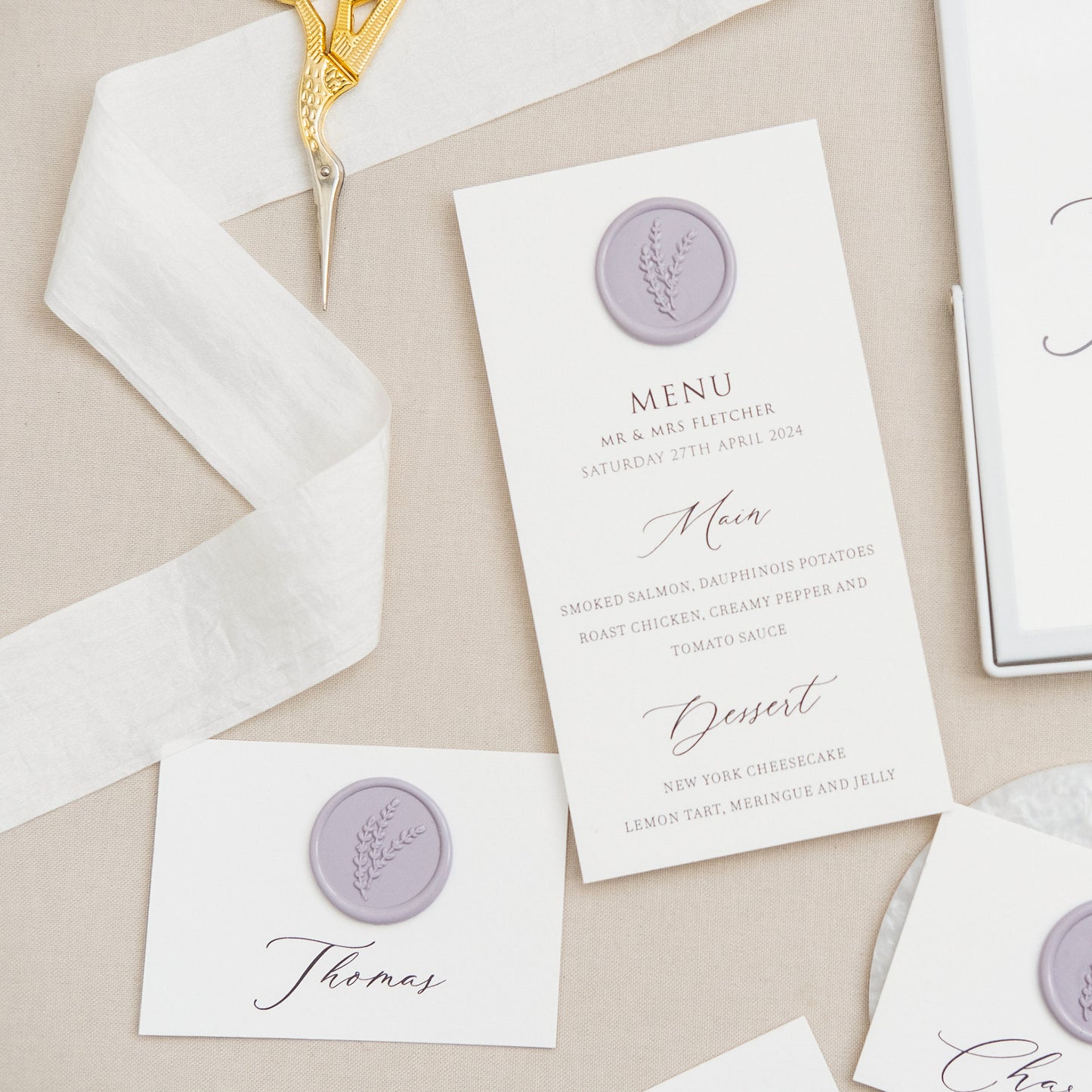 Wedding Menus with Wax Seals | Lilac