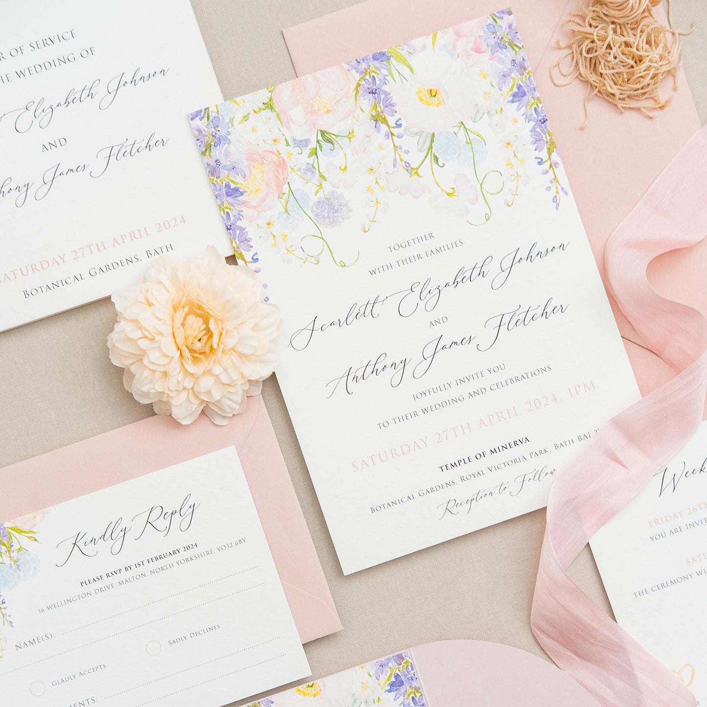 English wildflower wedding invitations with wisteria in lilac and pink