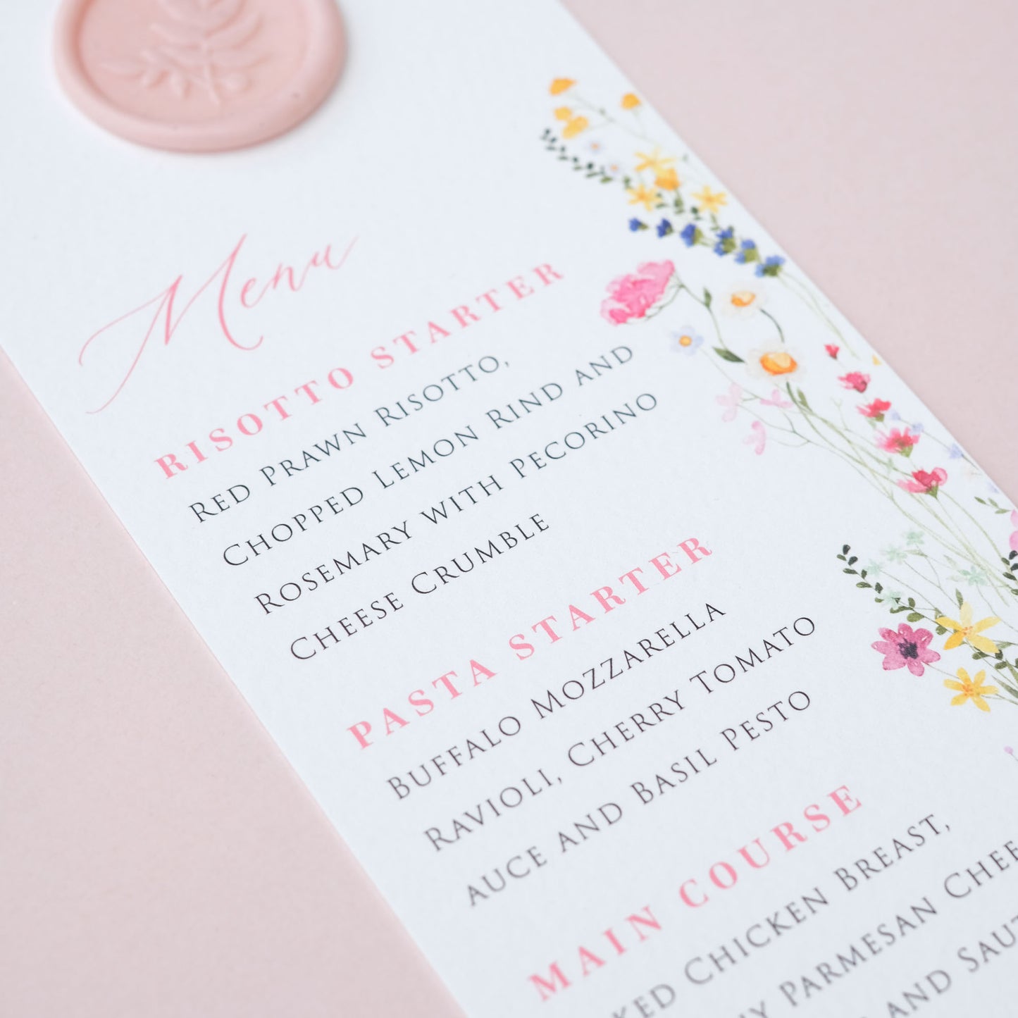 Wildflower Wedding Menu with Wax Seal