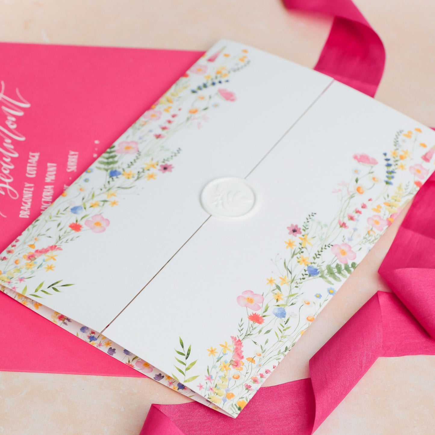Folded wildflower wedding invitation with wax seal, semi custom wedding invitation