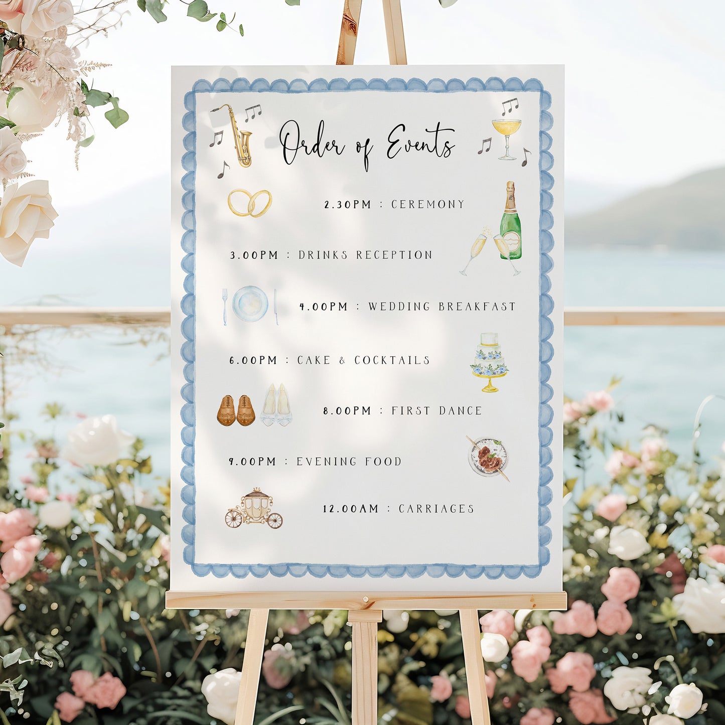 Blue illustrated order of events sign