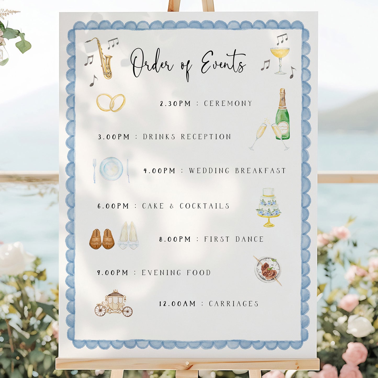 Blue illustrated order of events sign