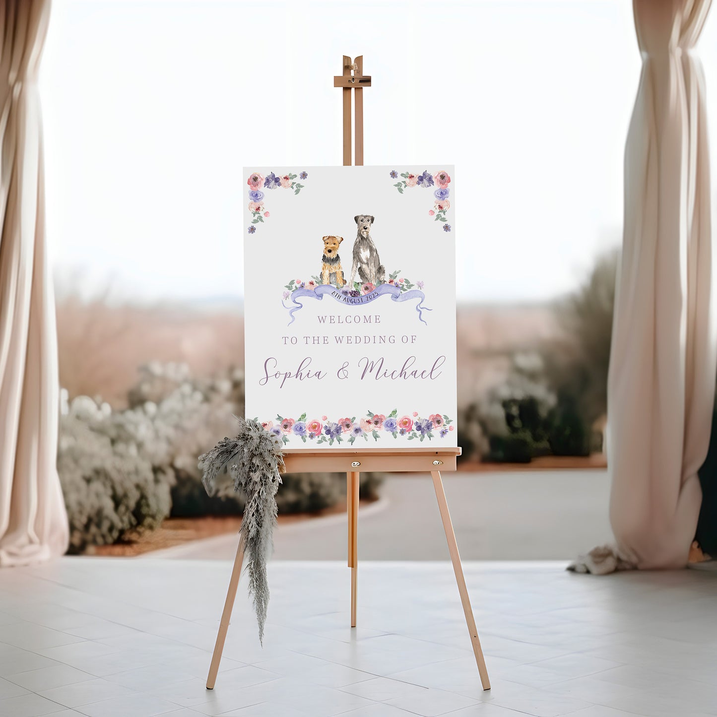 Wedding welcome sign with two dogs