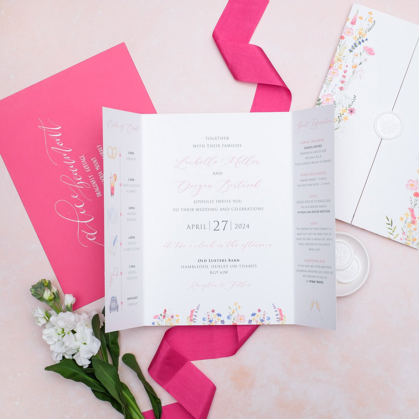 Folded wedding invitation with space for RSVP, order of the day, ceremony details and guest information with wildflowers