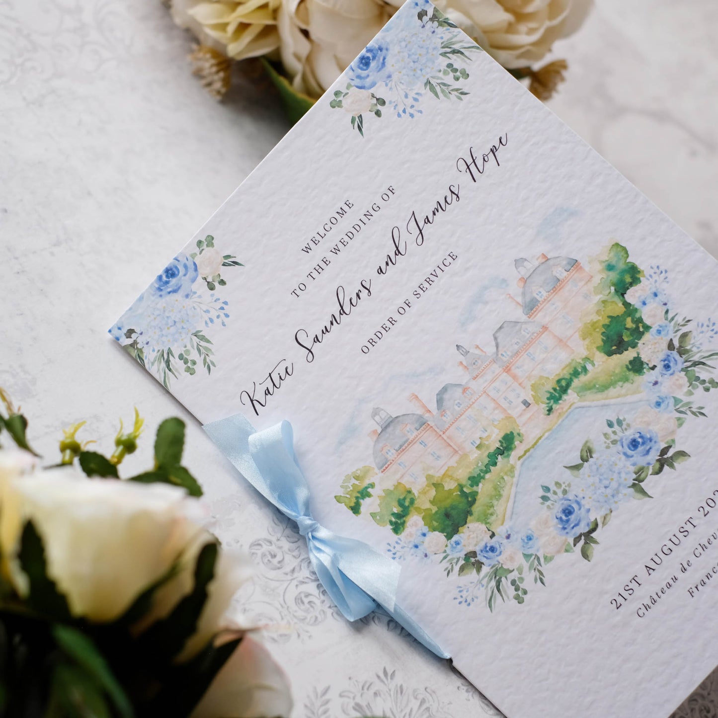Dusty Blue Order Of Service Booklet With Watercolour Illustration