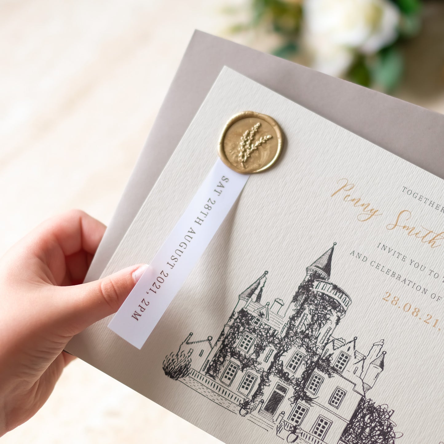 Invitation With Gold Wax Seal And Venue lllustration