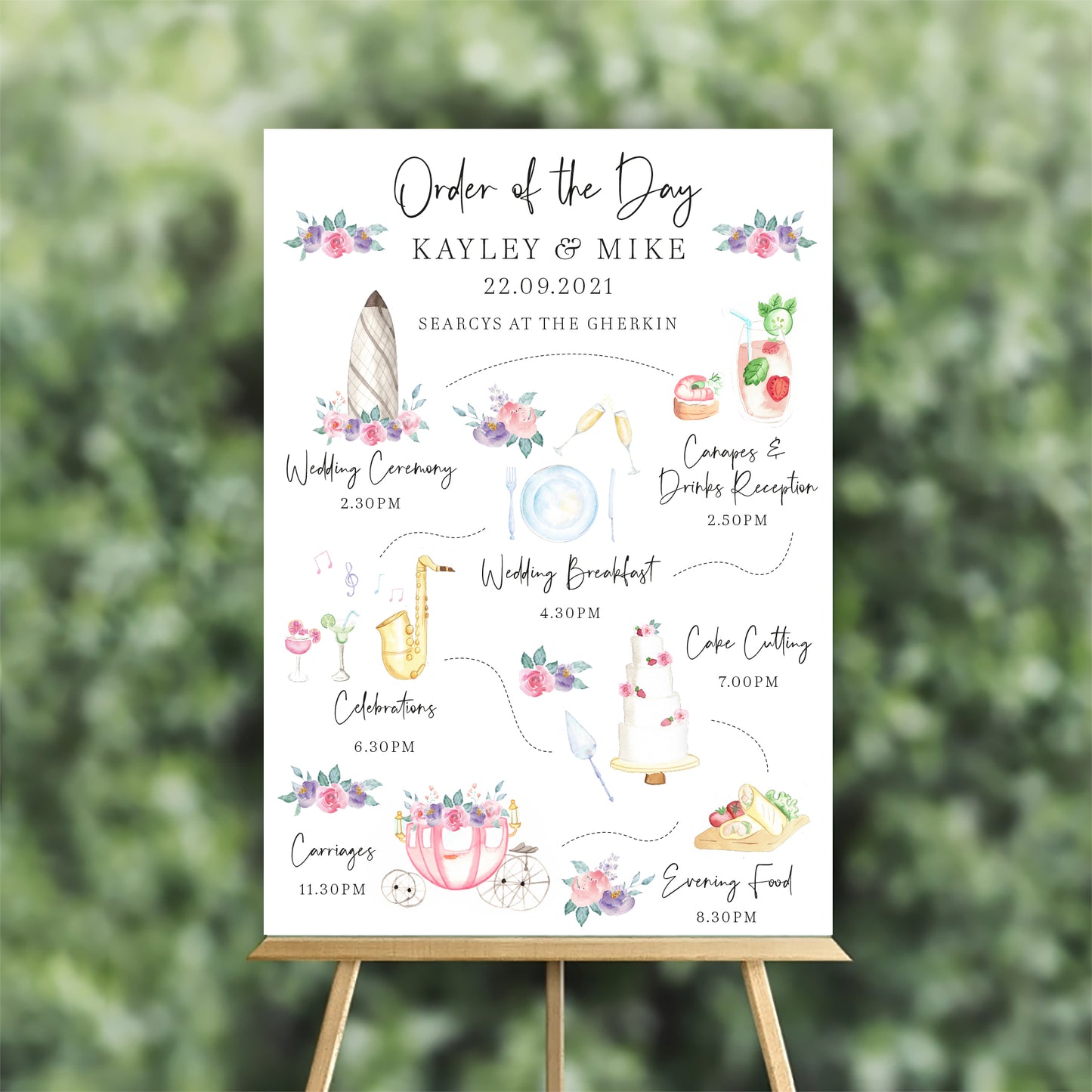 Pink And Purple Watercolour Order Of The Day Sign