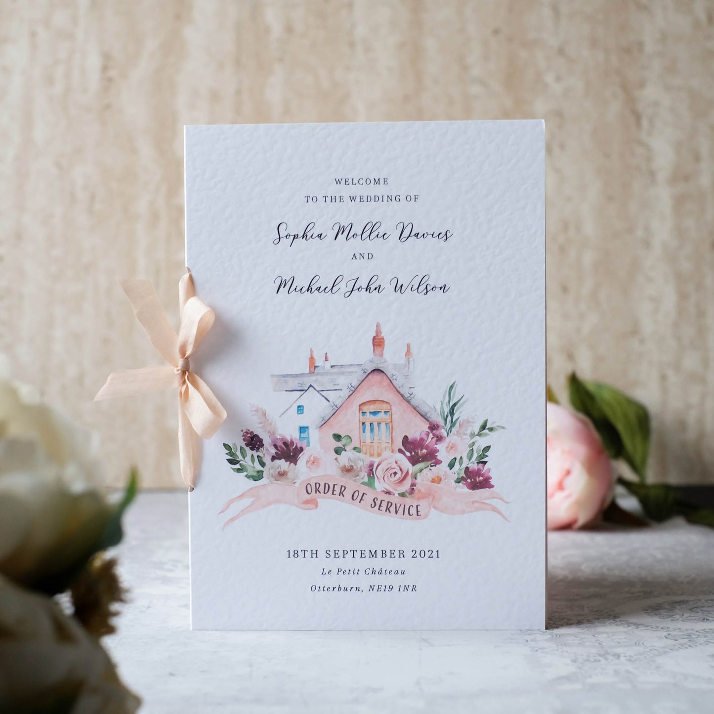 Blush Pink Order Of Service Booklet With Watercolour Illustration