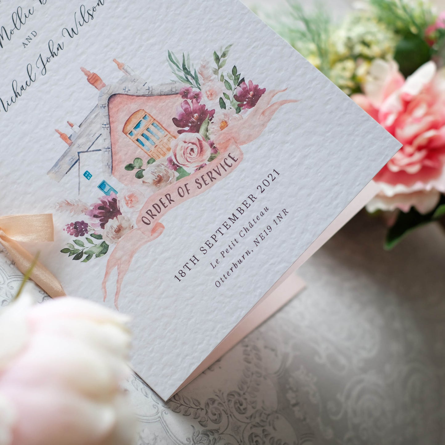 Blush Pink Order Of Service Booklet With Watercolour Illustration