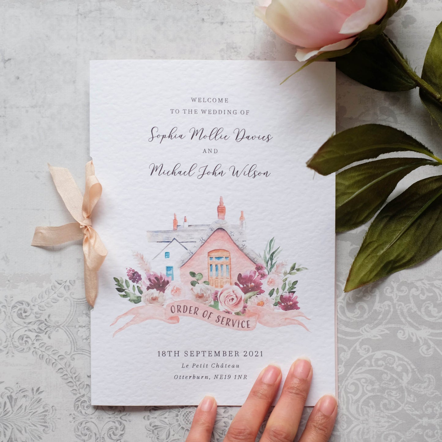 Blush Pink Order Of Service Booklet With Watercolour Illustration