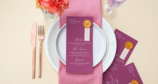 Autumn wedding menus with name tag and wax seals