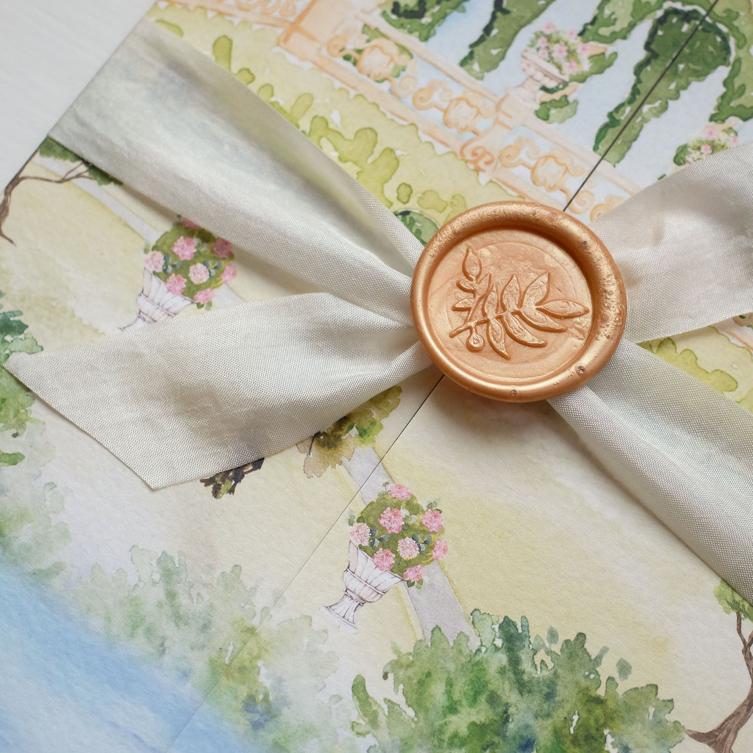 Luxury wedding invitation with ribbon and wax seal