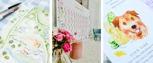 Wedding day details - custom wedding map, escort card display and signature cocktail sign