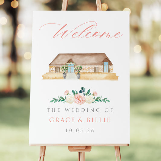Wedding welcome sign with venue illustration and rose and eucalyptus detail
