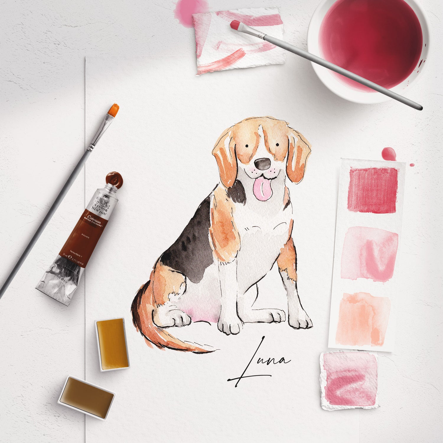 Custom pet portrait, watercolour illustration of dog