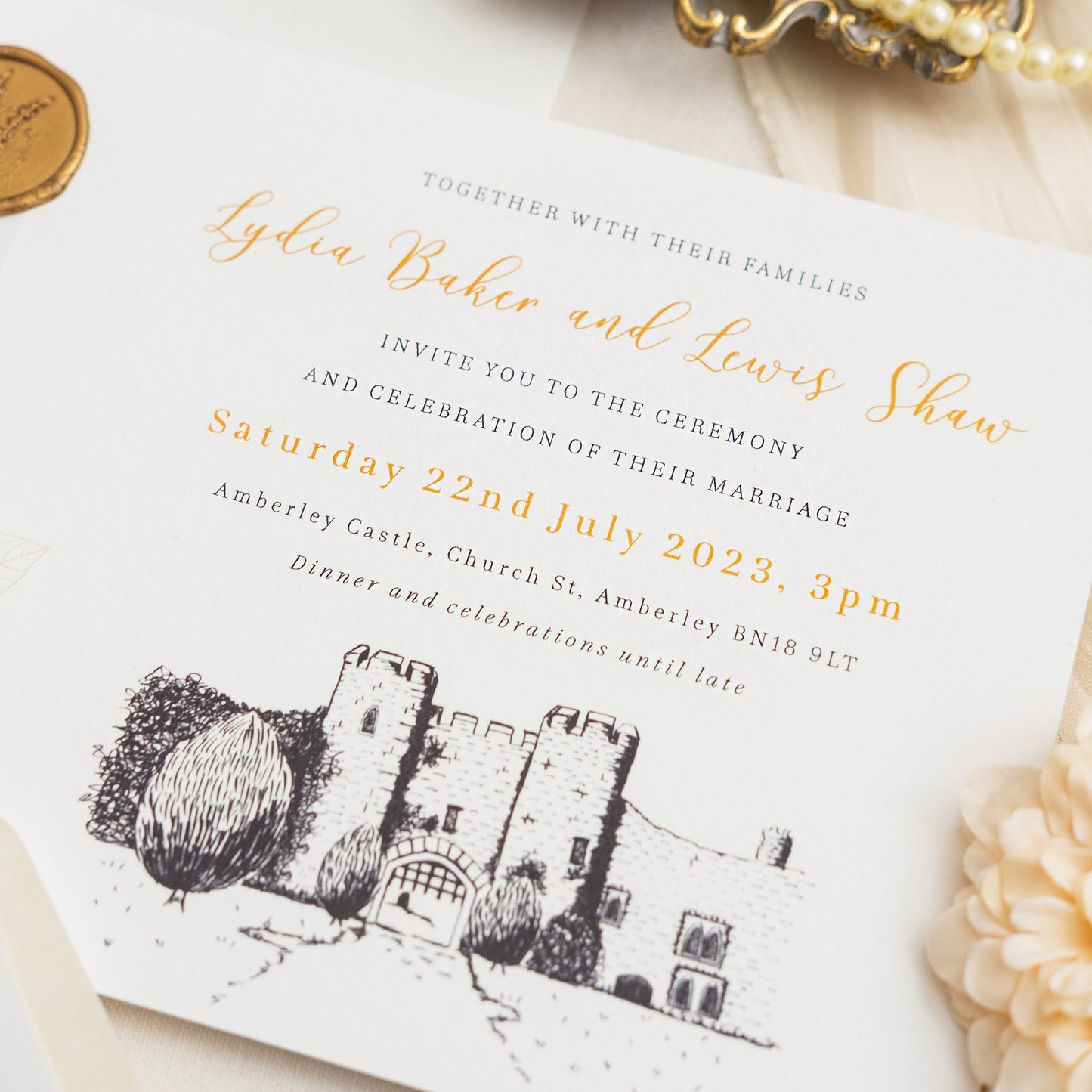 Invitation With Gold Wax Seal And Venue Illustration