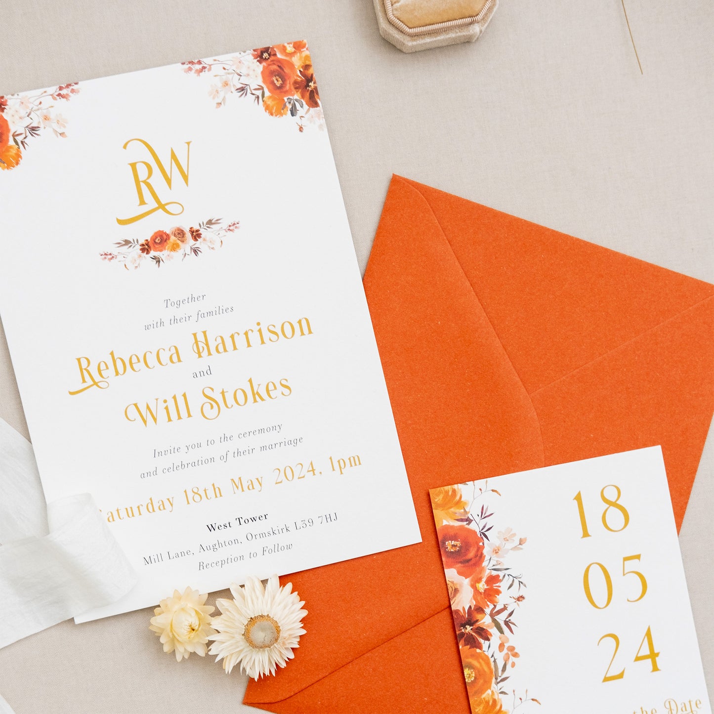 Burnt Orange Wedding Invitation And Save The Date Card