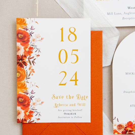 Burnt orange floral save the date card
