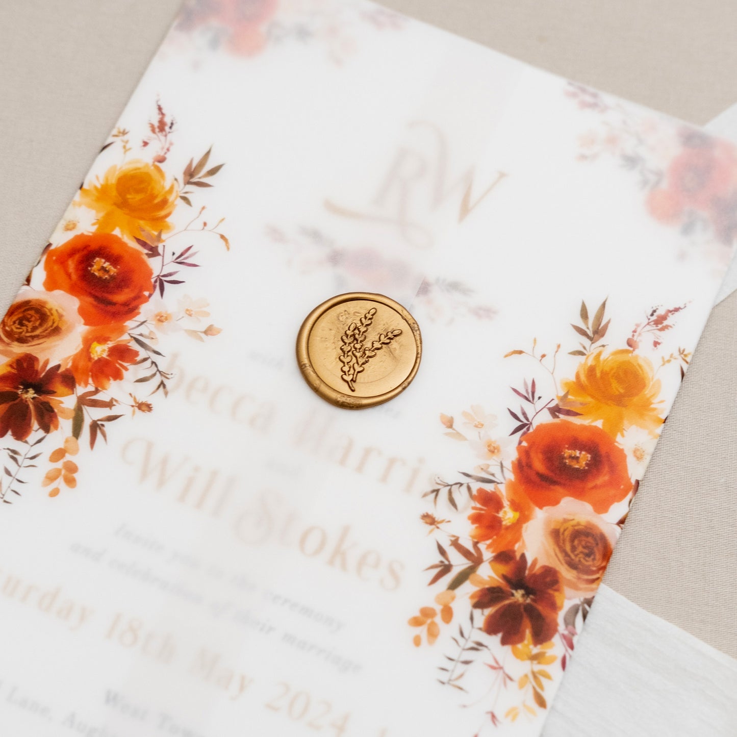 Burnt Orange Wedding Invitation With Vellum Wrap And Gold Wax Seal