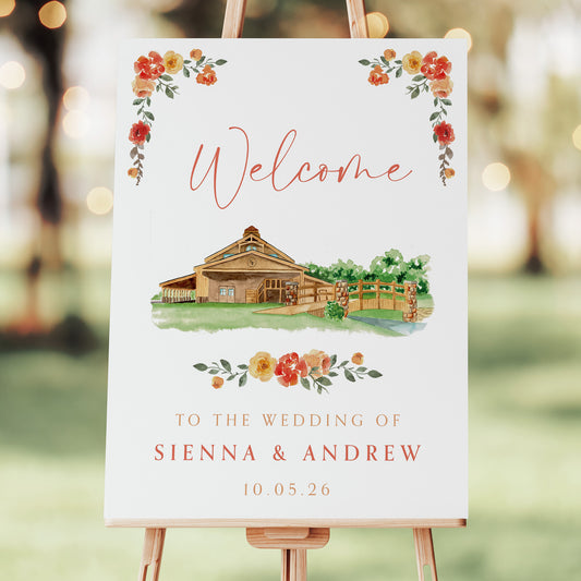 Wedding welcome sign with venue illustration and watercolour florals in orange, peach, and terracotta autumnal colours