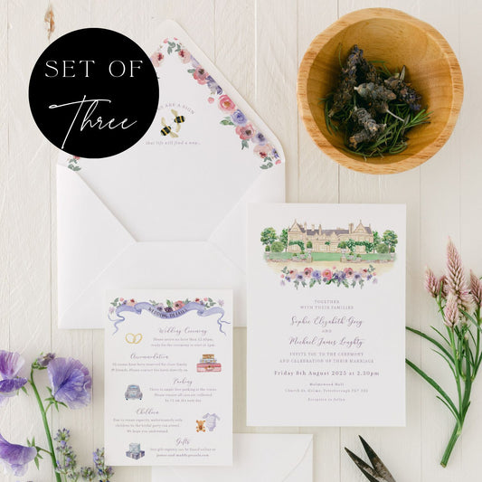 lavender wedding invitation set with custom venue illustration