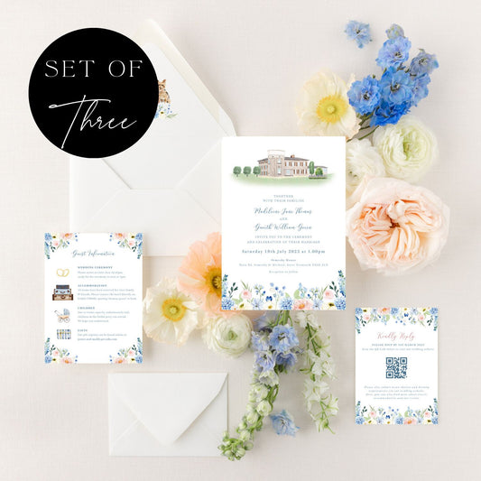 blue wildflower wedding invitation set with custom venue illustration
