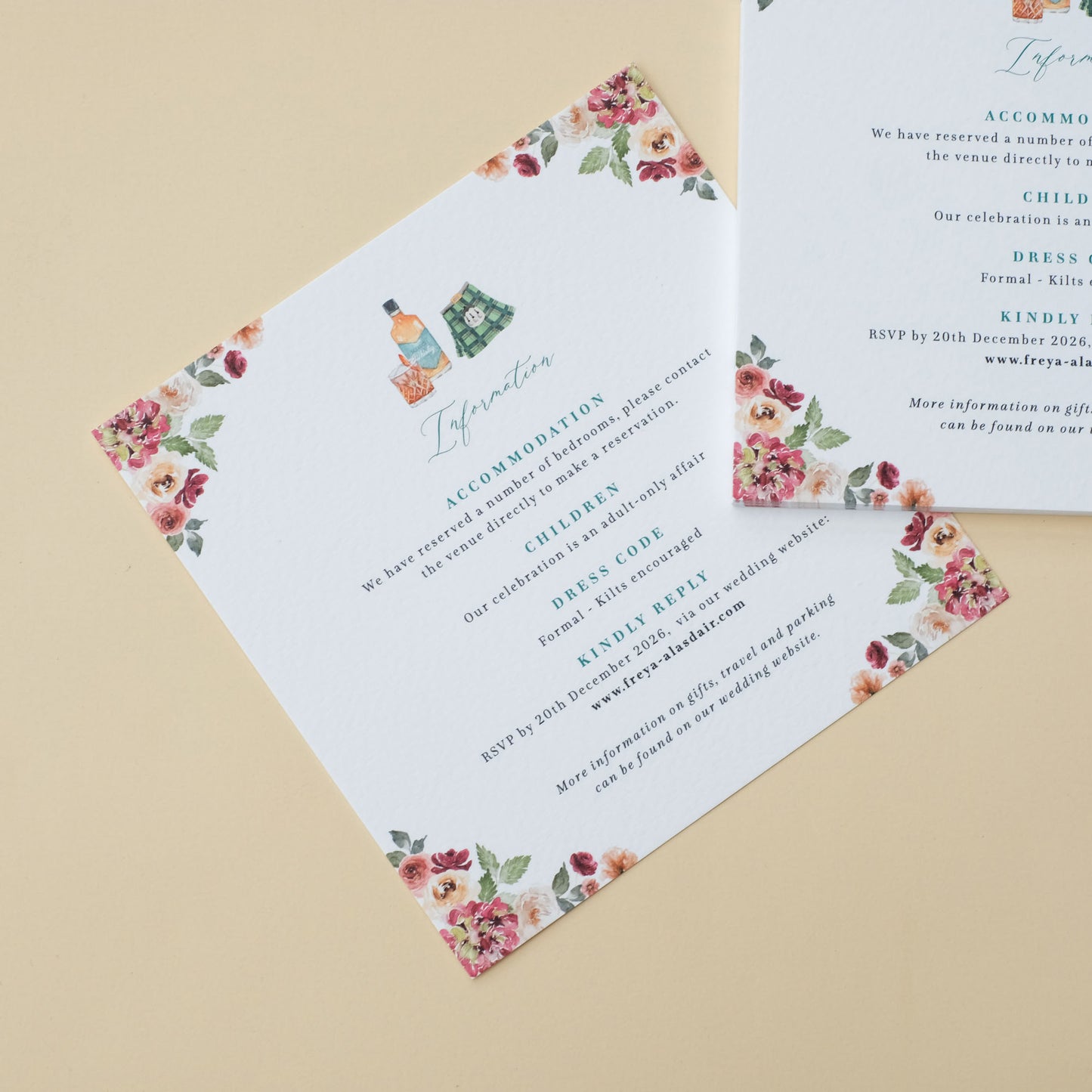Achnagairn Castle shaped wedding invitation with square guest information card and burgundy watercolour florals