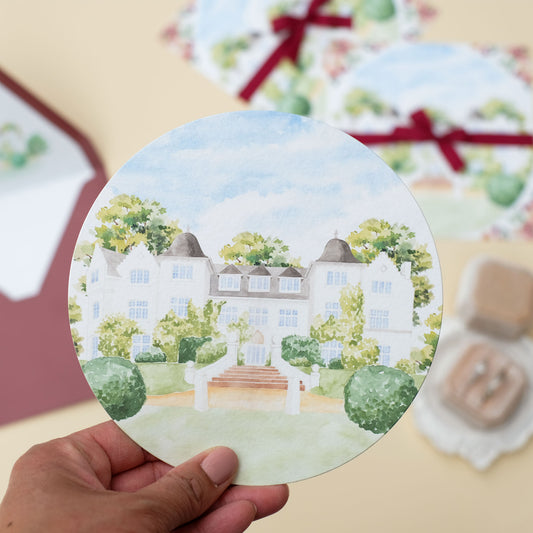 Achnagairn Castle round shaped wedding invitation with watercolour illustration