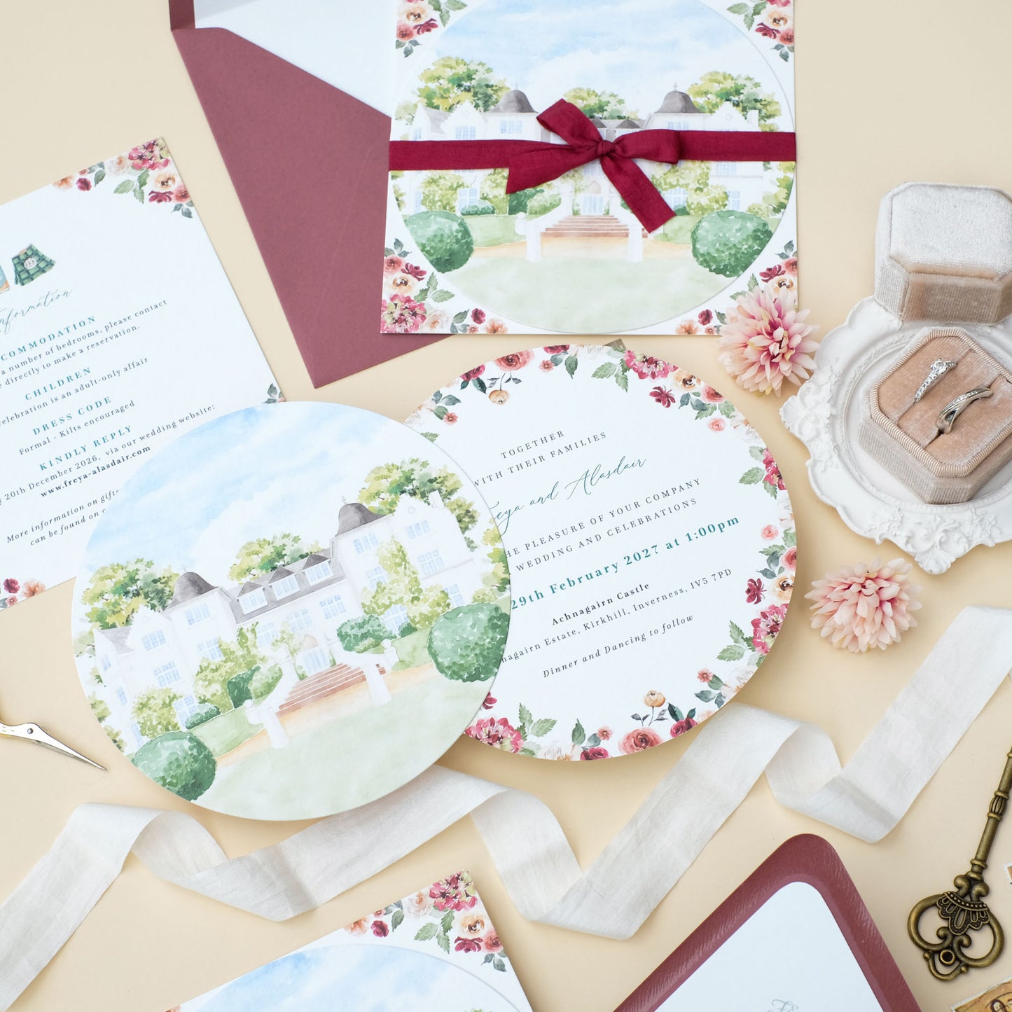 Round wedding invitation with Achnagairn Castle illustration