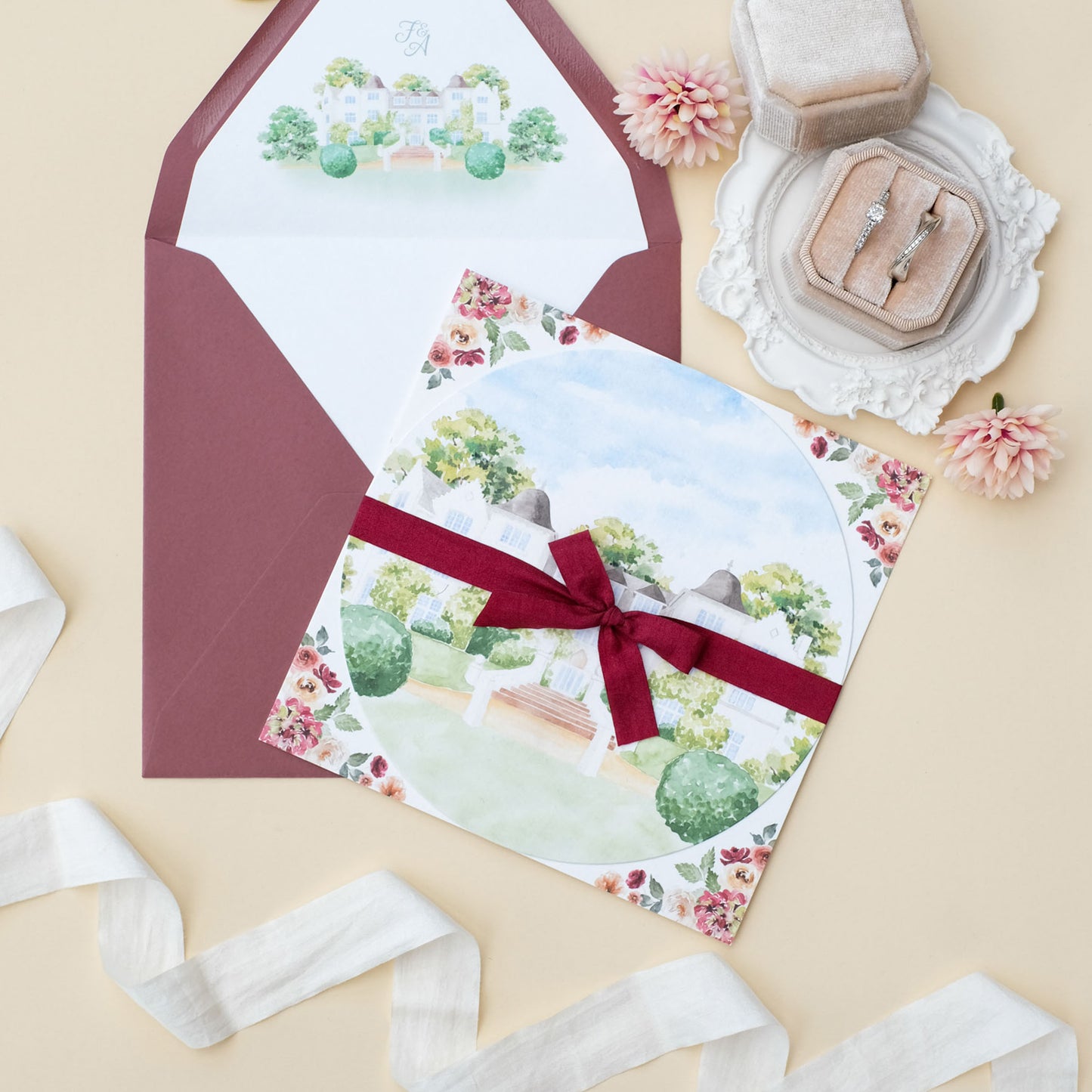 Round wedding invitation with square details card, Achnagairn Castle illustration and florals