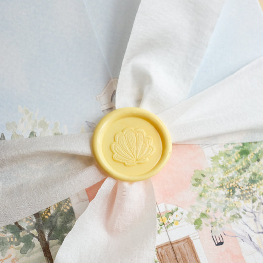 Lemon yellow wax seal with shell stamp