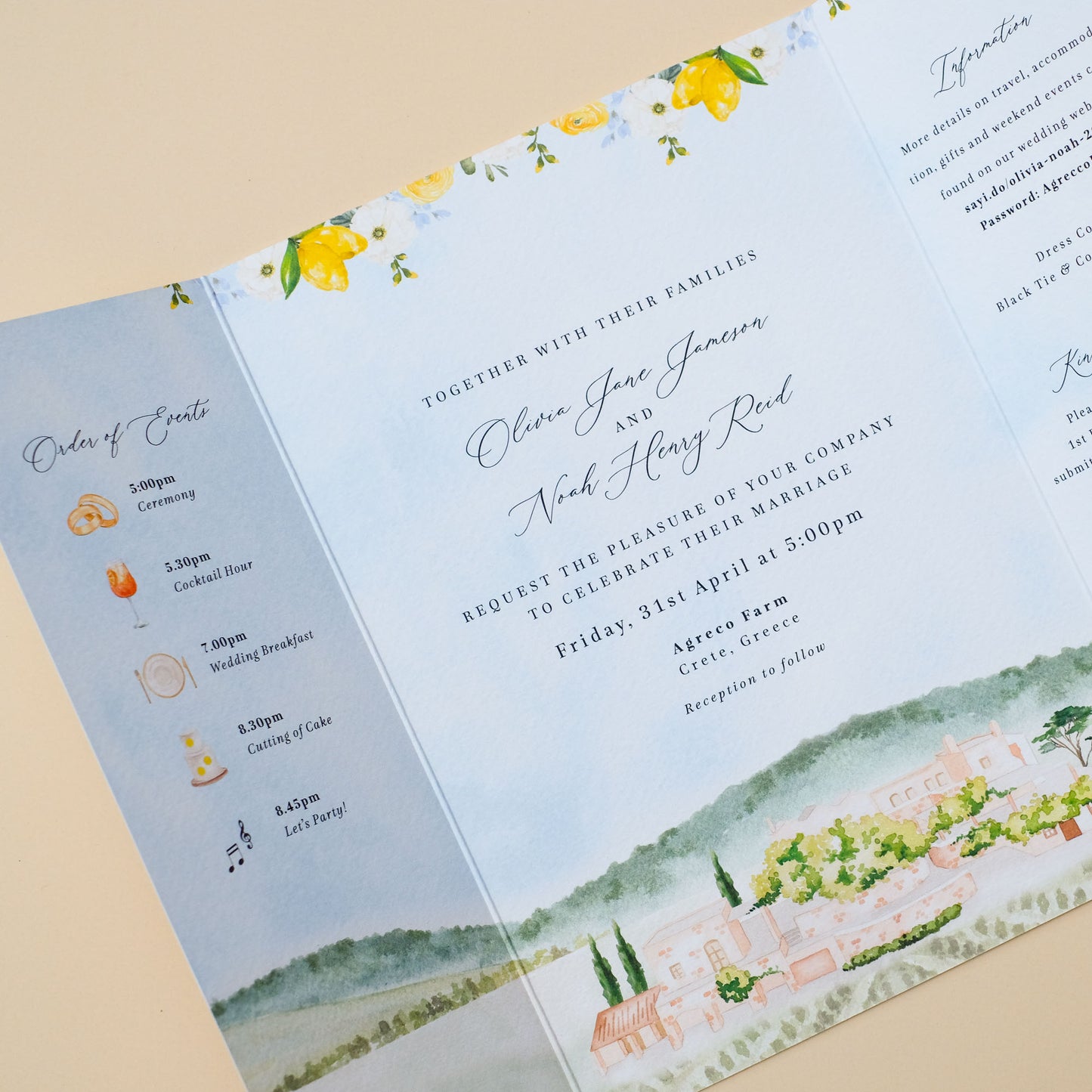 Agreco farm wedding invitations for Crete destination wedding