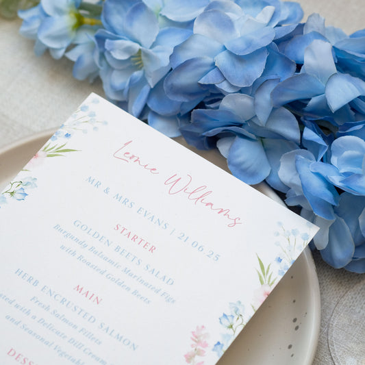 Blue wildflower wedding menu customised with guest's name and food choices