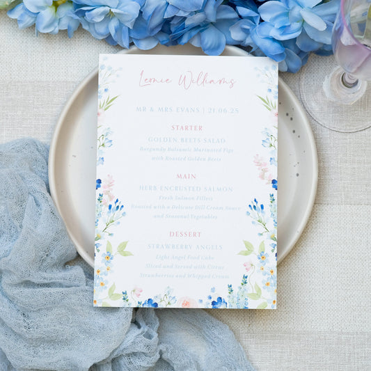 Blue wildflower wedding menu cards watercolour style cutsom