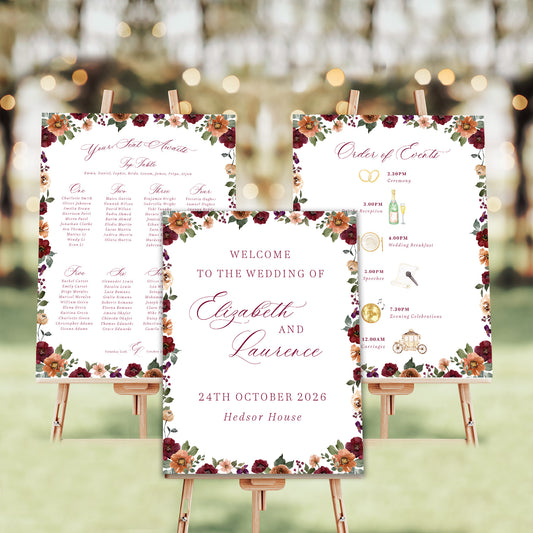 burgundy burnt orange floral wedding sign bundle welcome sign order of events table plan