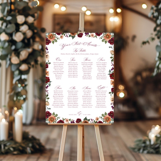 floral wedding table plan burgundy orange flowers