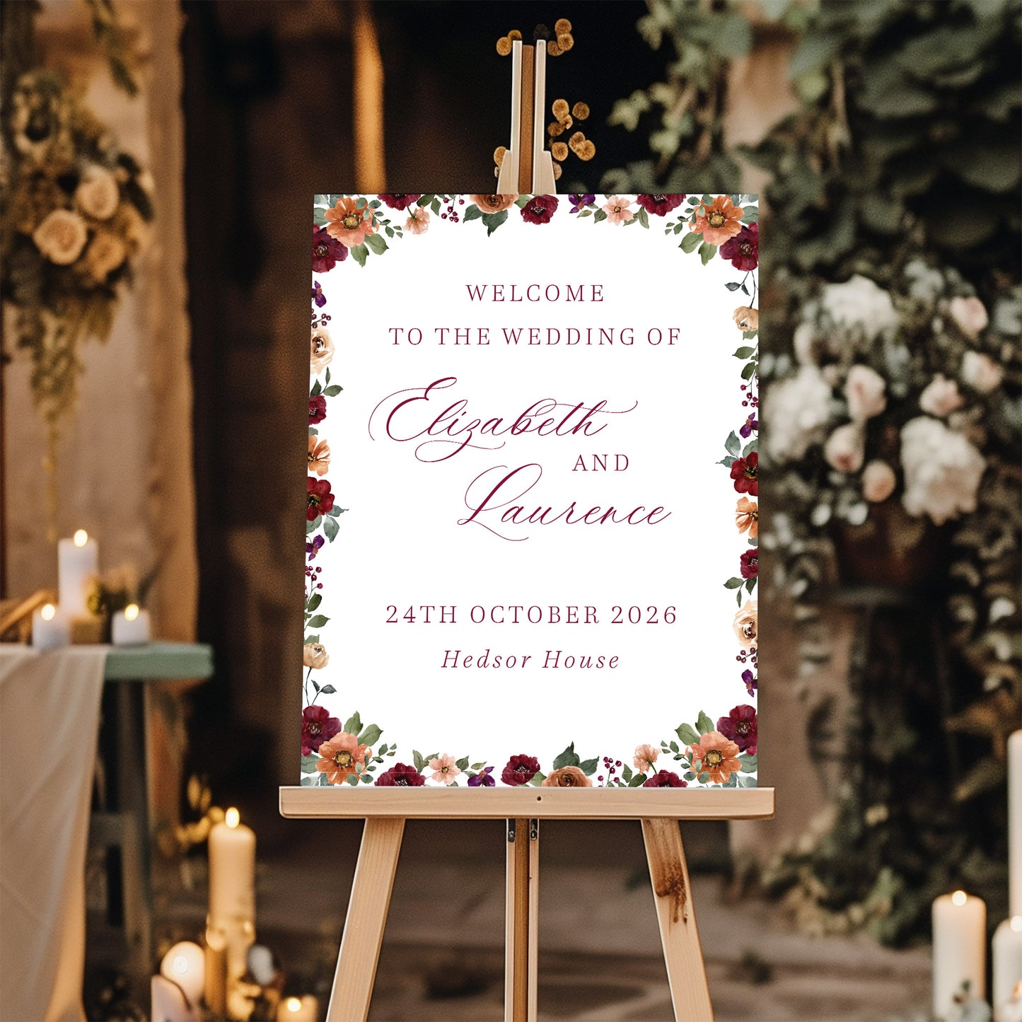 burgundy orange floral wedding welcome sign