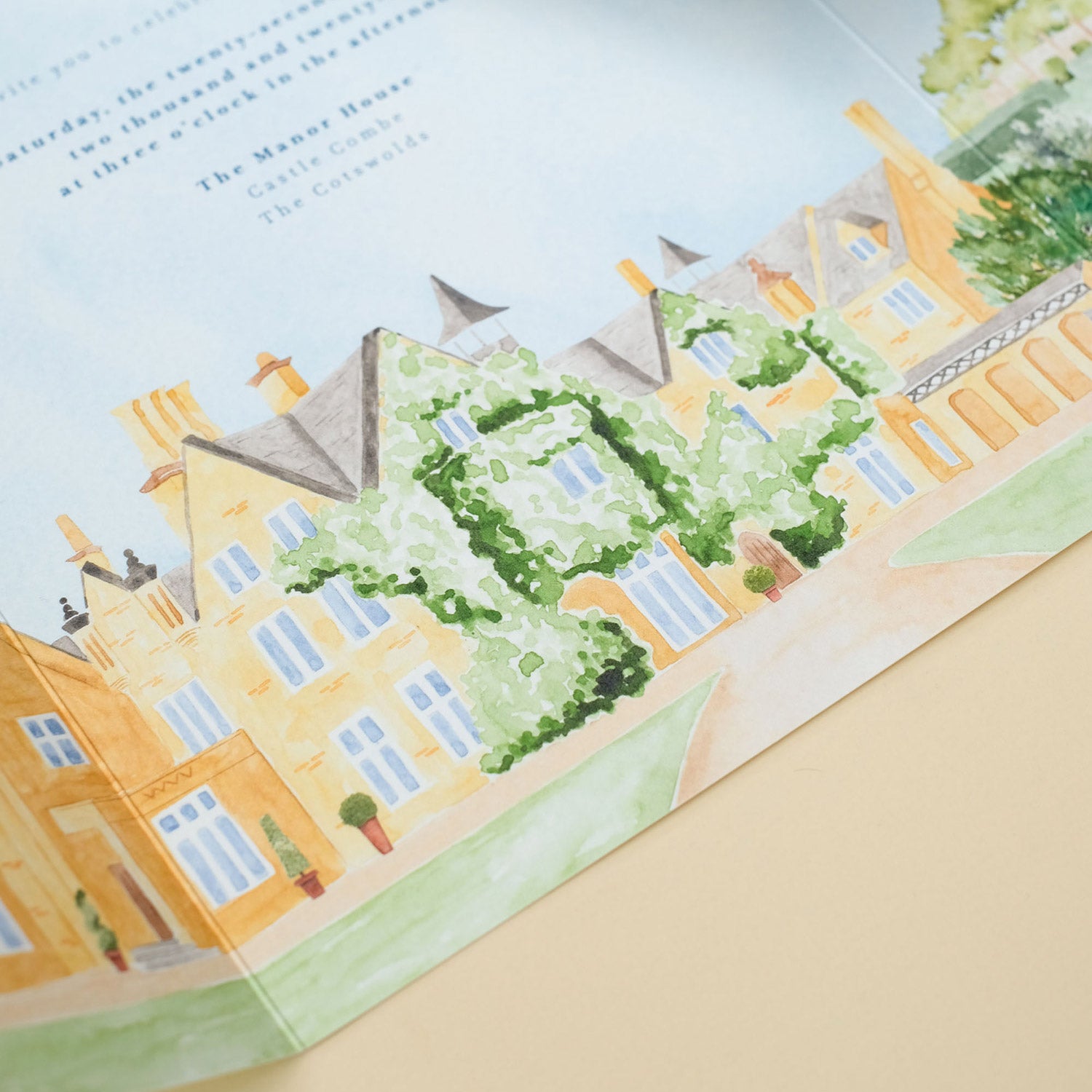 bespoke wedding invitation of manor house in castle combe