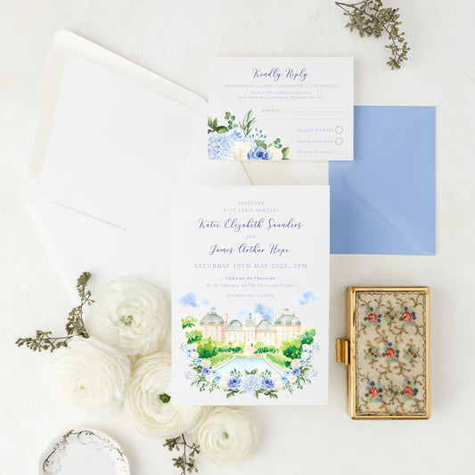 dusty blue hydrangea wedding stationery set with custom venue illustration